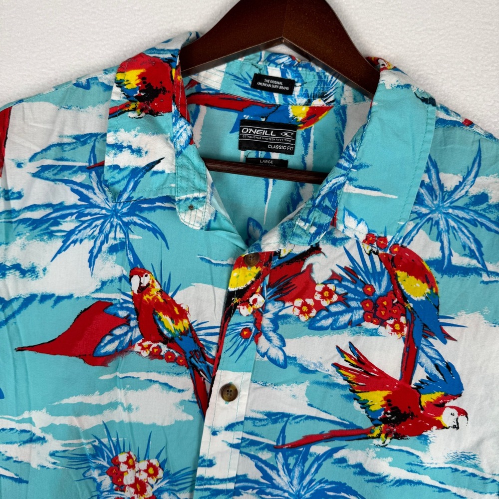 O'Neill Hawaiian Shirt Mens Large Blue Parrot Tropical Beach Vacation Surfer